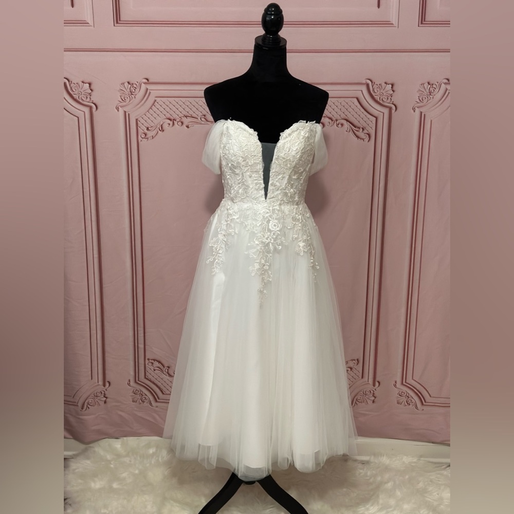 Tea length off the shoulder wedding dress
